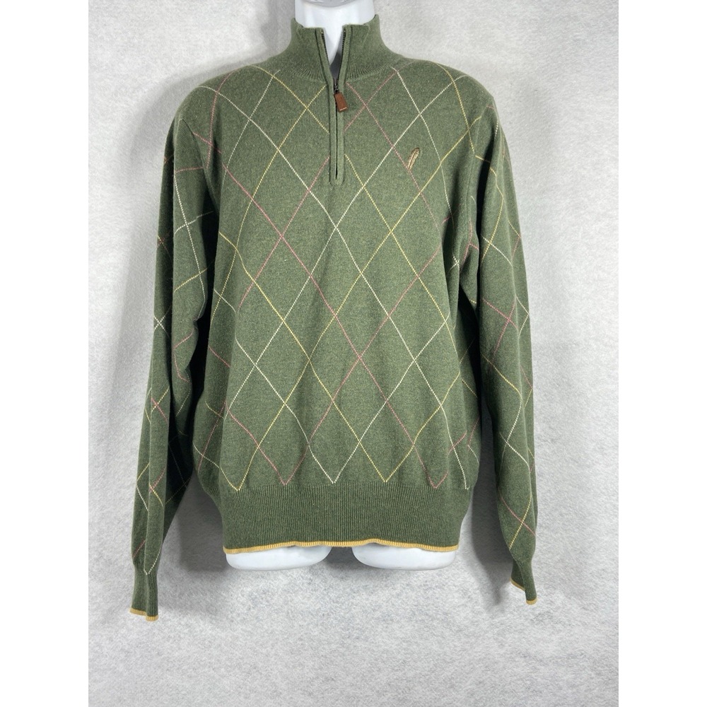 Vintage Peter Millar Sweater Men's Medium Green 1/4 Zip Argyle 100% Cashmere